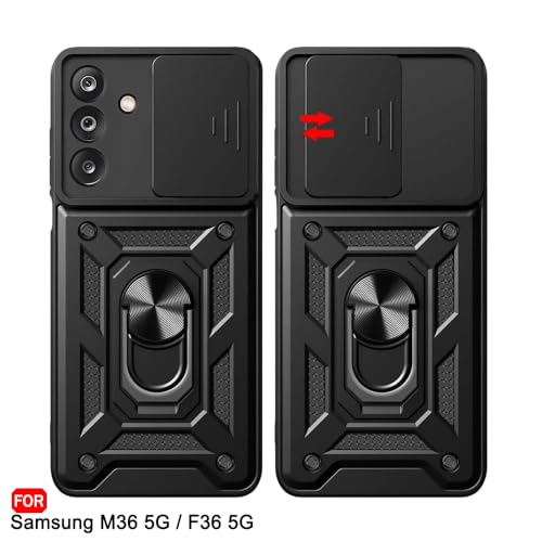 Image of TheGiftKart Tough Armor Bumper Back Cover Case for Samsung Galaxy M36 5G / F36 5G | Sliding Camera Cover, Kickstand & Ring Holder | 360 Degree Protection Back Case Cover (PC & TPU, Black)