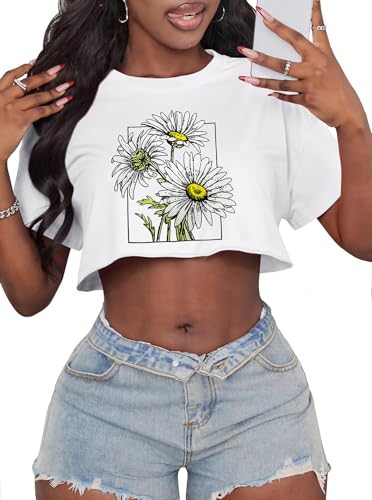 Image of Crop Tops for Women Oversized Short Sleeve T Shirts Crew Neck Cropped Tees