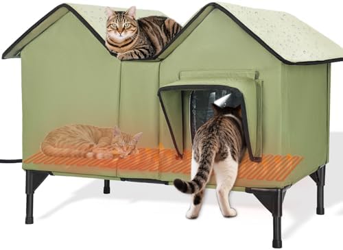 Casetta per Gatti Riscaldata, Casa per Gatti Allargata e Ingrandita Impermeabile per Esterno con Due Porte di Fuga e Pannello Riscaldante, Casetta Elevata Isolabile per Inverno, Robusta Casetta per