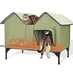 Heated Cat House, Widened and Enlarged Outdoor Cat House Waterproof with Two Escape Doors and Heating Pad, Elevated Insulated Winter House, Sturdy Outdoor Cat Shelter for Multiple Cats Dogs (Green)