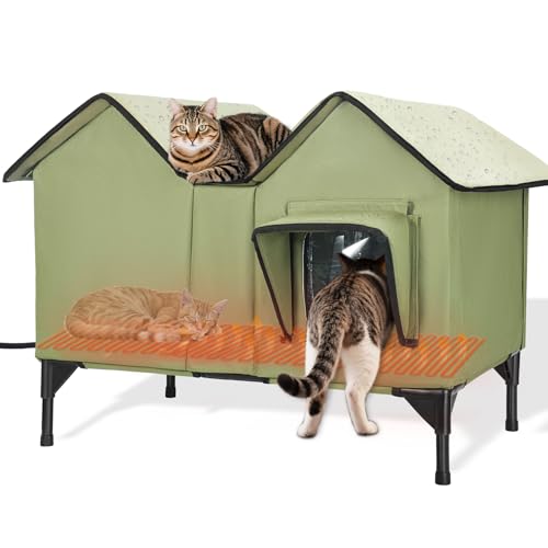 Beheiztes Katzenhaus, Vergrößerte Katzenhaus Outdoor Winterfest Isoliert mit Fluchttüren und Heizpolster für Mehrere Katzen Hunde, Erhöhte...