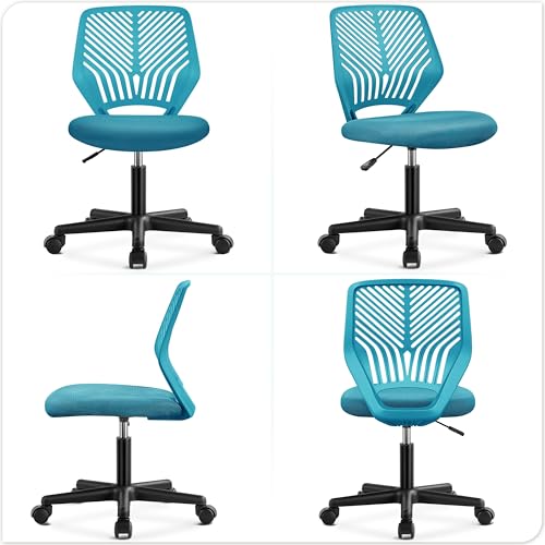 Image of Yaheetech Small Desk Chair, Armless Adjustable Swivel Seat, Turquoise | Padded mesh seat and ventilated resin back, compact armless frame rolls and adjusts for study and small desks, holds 300 lb.