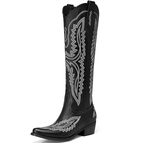 TEMOFON Black Cowboy Boots for Women: Knee High Pointed Toe