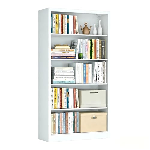 Image of 55 inch Tall White Bookcase, 5 Tier Metal Bookshelf with Adjustable Shelves, Deep Book Shelf Storage Shelves for Living Room, Home Office, Library