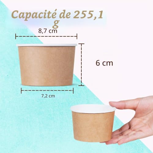 MATICAN Lot de 100 gobelets à dessert jetables en papier de 255 g pour aliments chauds ou froids, fournitures de fête de 255,1 g, tasses à friandises pour sundae, yaourt glacé, soupe, marron – vue 4