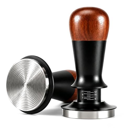 Dusefogo Kaffee Tamper, Kaffeemehlpresser mit Holzgriff, kaffeestempel Edelstahl mit Base Ripple, Espresso Tamper mit 30lbs Anpressdruck Auto-Rebound 58mm