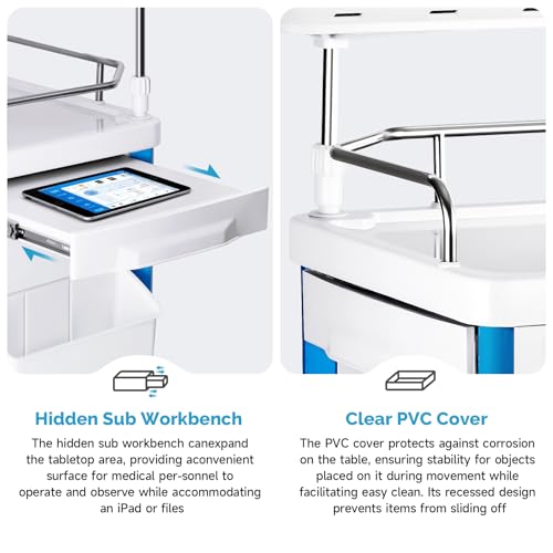 Image of Crash Cart Medical ABS Material, Medical Cart with Drawers, Adjustable IV Pole, Silent Casters, Trash Bins, O2 Holder, Needle Disposal Holder, CPR Board, Nursing Cart for Hospital Clinic