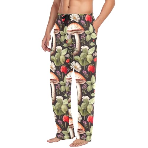 Men's Mushroom Strawberry Pajama Pants with Pockets - Straight Fit Cotton Sleep Bottoms for Lounge & Nightwear#8354