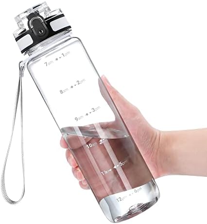 OLDLEY 1L/32oz Sports Water Bottle with 2 Different Lids, 1000ml Motivational Drinks Bottle with Time Markings Leak Proof Drink & Lock Cover, BPA Free for Gym School Cycling Running Hiking