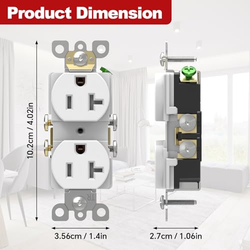 ThunderWay Duplex Electrical Receptacle Outlets with Tamper Resistant (TR), 20Amp 125V Heavy-Duty Wall Outlet, Self-Grounding, 5-20R, 2-Pole, 3-Wire Grounding, UL Listed, White(10 Pack) by ThunderWay - Image 3