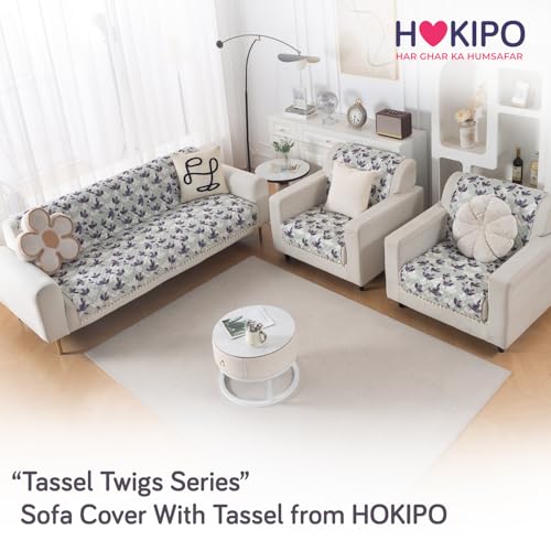 Image of HOKIPO Lavender Vine Quilted Sofa Cover 5 Seater Set - Washable 3+1+1 Sofa Cover for Seat & Back with Tassel Design | 'Tassel Twigs' Series (IN-991-T1 + IN-989-T1)