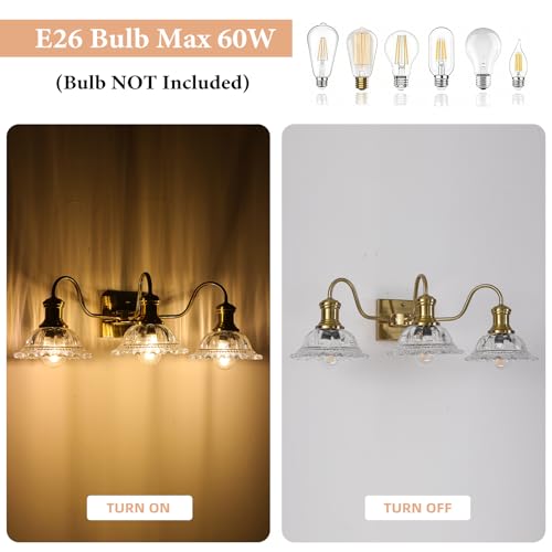 Image of Champagne Gold Vanity Lights, 3-Light Bathroom Light Fixtures with Clear Glass Shade, Vintage Vanity Lights Over Mirror, Farmhouse Wall Light for Bathroom, Vanity Table, Bedroom, Hallway