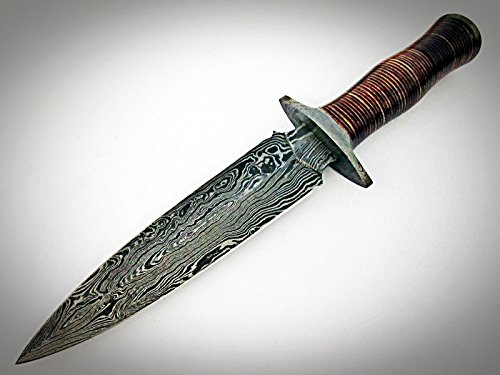 TZ KNIVES HK-52 Handmade Damascus Steel Full Tang Hunting Knife Leather Handle.
