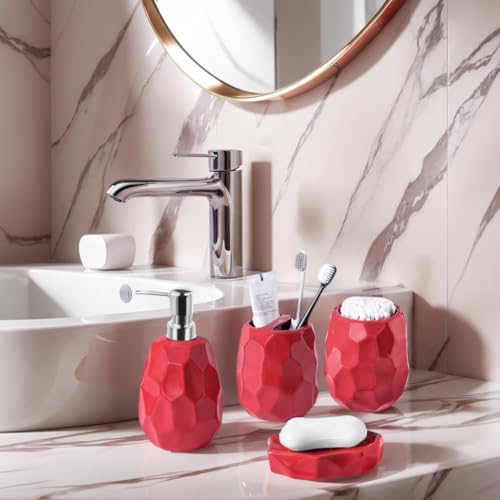 Ceramic Bathroom Accessories Set 4 PCS,Bathroom Toothbrush Holder Set,Soap and Toothbrush Holder Set,Include Toothbrush Holder,Soap Dispenser,Tumbler,Soap Dish,Bathroom Sets Decor Organizer (Red) — view 3