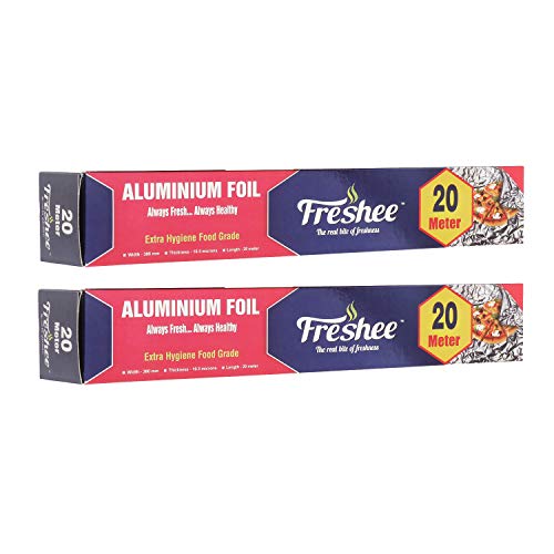 Image of Freshee 20m Disposable Silver Foil Roll for Food Wrapping, Pack of 2 11 Micron Thick Aluminium Foil for Reheating Baking Roasting Freezing Food for Parcel and Delivery