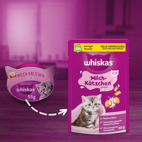 WHISKAS Milch-Kätzchen Katzensnacks 2-12 Monate 6 x 50g – Spezielle Snacks für Kätzchen mit Milchgeschmack