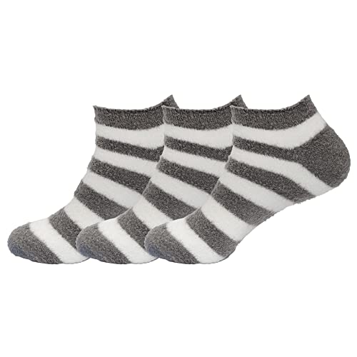 BambooMN Women's Super Soft Aloe Infused Fuzzy Nylon Spa Socks - Size 9-12 - Grey Stripes - 3 Pairs