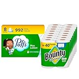 Bounty Paper Towels Quick Size, White, 16 Family Rolls = 40 Regular Rolls (Packaging May Vary) + Puffs Plus Lotion Facial Tissues, 8 Family Boxes, 124 Facial Tissues per Box
