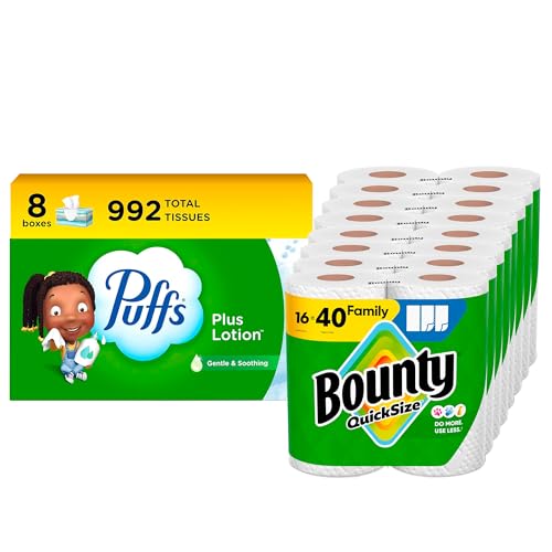 Bounty Paper Towels Quick Size, White, 16 Family Rolls = 40 Regular Rolls (Packaging May Vary) + Puffs Plus Lotion Facial Tissues, 8 Family Boxes, 124 Facial Tissues per Box - image 1