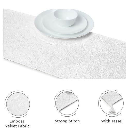 Image of Encasa XO 4 to 6 Seater Dining Embossed Velvet Table Runner | Size 32x183 cm | White Color with Premium Polyester - Machine Washable