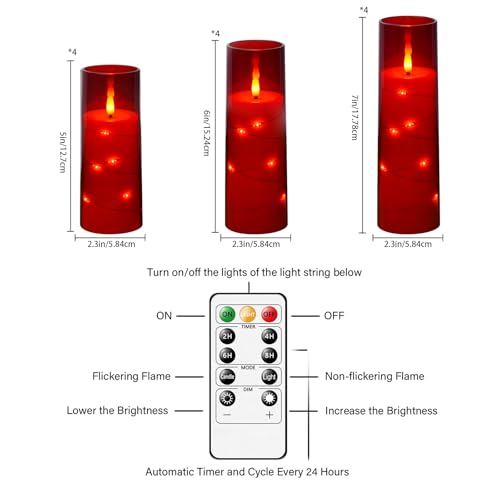 Image of Sasigeiaa Flameless Candles with Embedded Star String - Battery Operated LED Candles, with Remote,12 Red Flickering Candles for Christmas, Weddings, Home Decor & Party,(D 2.3 inchxH 5 inch 6 inch 7 inch)