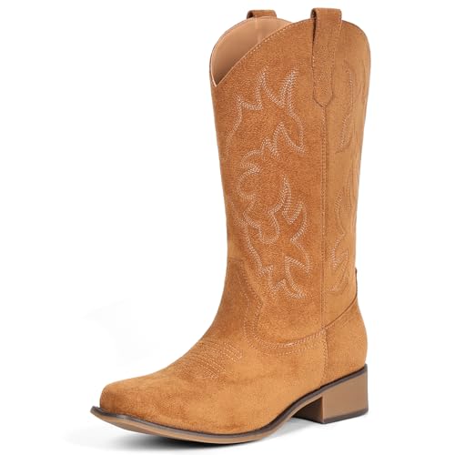 Image of IUV Cowboy Boots For Women Square Toe Wide Mid Calf Western Pull On Suede Fashion Black Brown Cowgirl Boots