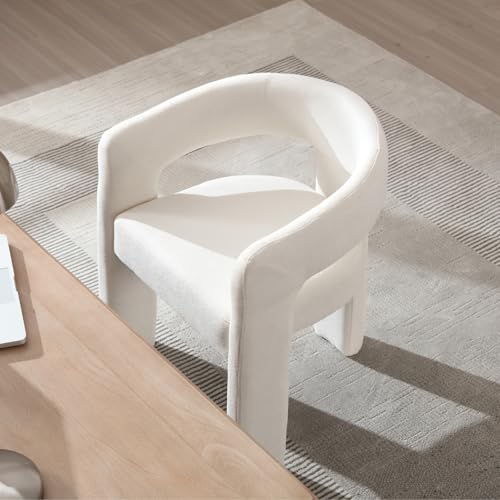 Image of HNY Modern Barrel Kitchen & Dining Room Chair, Chenille Upholstered Accent Chair with Arm, 18.5'' Wide Side Armchairs Vanity Chairs for Living Room Bedroom Makeup Small Spaces, White