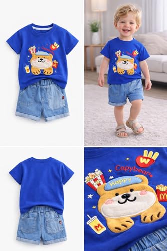 Image of Bold N Elegant Half Sleeve Pure Cotton Baby Boy Girl 3D Cartoon Smiley Animals T-Shirt with Denim Shorts Smart Casual Outfit for Infant Toddler Kids Upto 5 Years