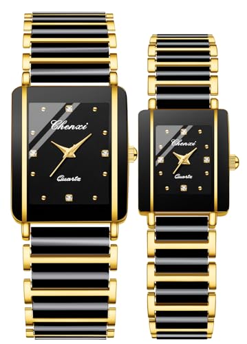 Gosasa Lot de 2 montres à quartz carrées en céramique pour homme et femme - Style vintage - Étanche - Pour homme et femme, Doré/noir, Luxe :