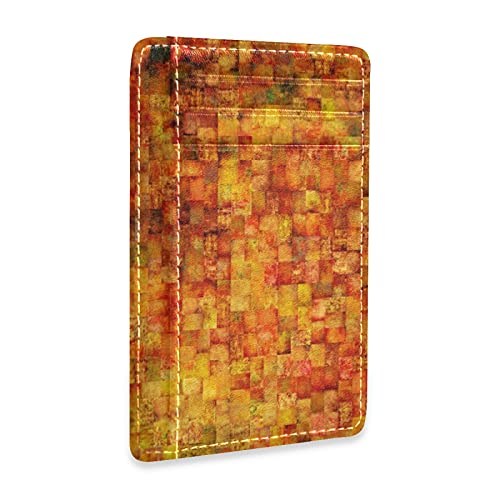 Vintage Mosaic Orange Thanksgiving Autumn Fall Theme Slim Minimalist Wallet, Front Pocket RFID Blocking Leather Credit Card Holder, Case Protector Covers for Men Women