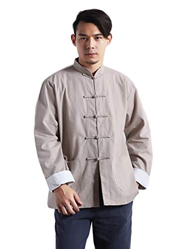 LZJN Hombres Algodón Lino Kung Fu Camisa Chino Tradicional Tang Traje Tai Chi Blusa Manga Larga Rana Botones Abrigo Chaquetas - beige - Large Cover