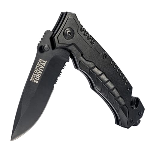 TRS 325s Tactical Folding Pocket Knife 3.25in Serrated Razor Sharp Drop Point Blade Spring Assisted Opening Integrated Glass Breaker Seatbelt Cutter Camping Hunting Survival Military EDC - TRS