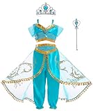 Dzyoleize Fantasia de festa de aniversário da Princesa Jasmine Fantasia de festa de Halloween para meninas (Azul, 9-10 Anos)