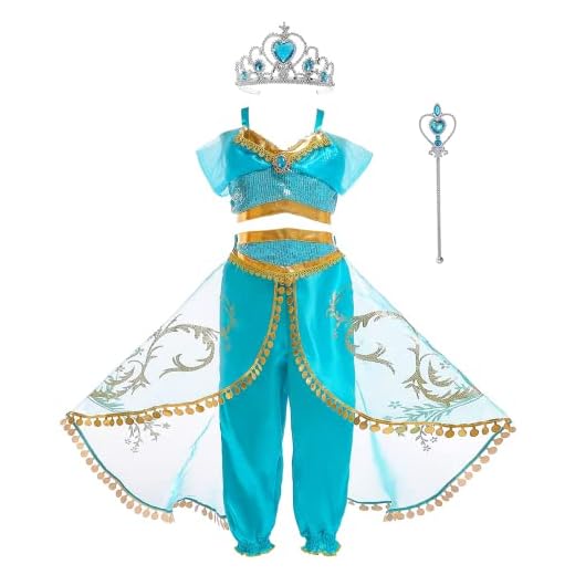 Dzyoleize Fantasia de festa de aniversário da Princesa Jasmine Fantasia de festa de Halloween para meninas (Azul, 9-10 Anos)