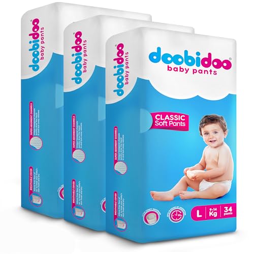 Image of Doobidoo Classic Baby Diaper Pants with High Absorbency, Anti-Leak Side Cuffs, Cottony Bubble Soft, Rash-Free, Large Size (L) 9-14 Kg, Pack of 3, 102 Count
