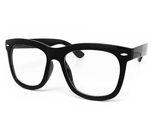 97803 Oversized Vintage Classic Nerd retro Men Women Wayfarer Clear Lens Glasses (Clear Lens, POLISHED BLACK)