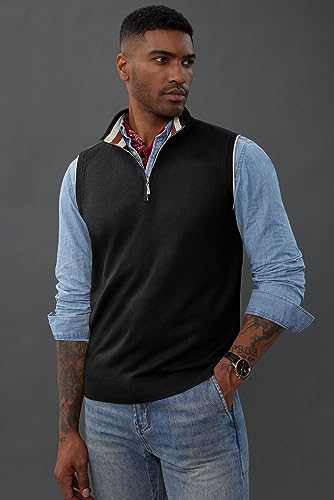 PJ PAUL JONES Mens Sweater Vest Quarter Zip Vest Sweater Stand Collar Contrast Stripes Pullover Knitwear Vest3