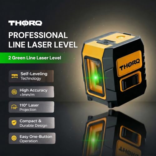 Image of Green Laser Level 2 Cross Line (Horizontal + Vertical) 110 | Self-Leveling Cross Line Laser 30m / 100ft Range | with 5 Adjustable Modes and Magnetic Base for Indoor Construction