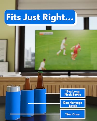 Image of PartyPrints 25 Pack Cerulean Blank Slim Can Cooler Sleeves | Plain Seltzer Customizable Bulk Coolers for Beer Bottles & 12oz Tall Cans | Skinny Collapsible Drink Insulated Sleeve