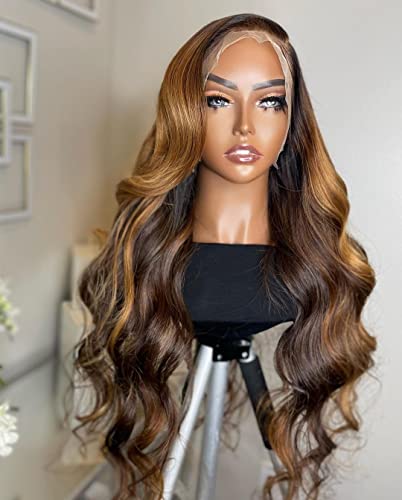 Facmood Honey Blonde Highlight Lace Front Wigs Human Hair Body Wave, 13X4 Hd Transparent Lace Front Brown Ombre Wigs For Black Women 24 Inch, 180 Density Pre-Plucked With Baby Hair #TOP6