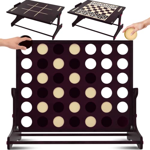 QUOKKA Giant Connect Game 4-in-1 SUPERSET - Brown Four in a Row - Wooden Jumbo Family Friends Game for Adults - Backyard Family Party - Big Chess & Checkers - Indoor Games - Wooden Tic Tac Toe