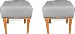 Kit 2 Puff Quadrados para Sala de Estar Tecido Linho Pés em Madeira Maciça (Cinza Claro)