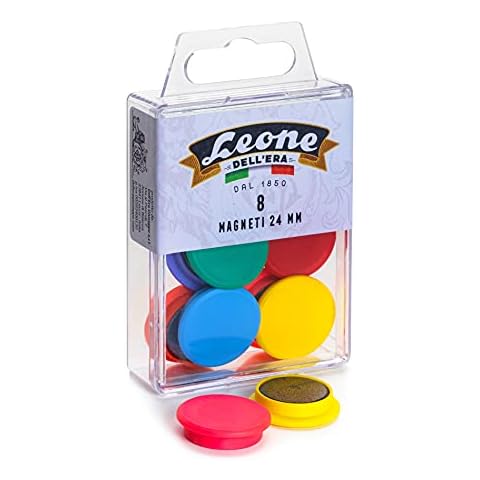 8 Coloured Magnets Leone Dell'Era (Diameter 24 mm) in Transparent Hanging Box - Made in Italy Cover