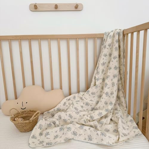 BuLuTu Blue Floral 100% Cotton Muslin Blanket Soft Lightweight Toddler Bed/Crib Quilt Shabby Chic Flower Theme Swaddle Blanket for Girls Boys Bedding Gift Room Decor, Fressia, 47"x51" Fressi