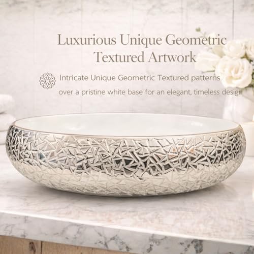 Image of Wallace Designer Oval Table Top Wash Basin 60x40x15 cm White Textured Finish | Premium Ceramic Countertop Vessel Sink | Luxury Over Counter Bathroom Basin