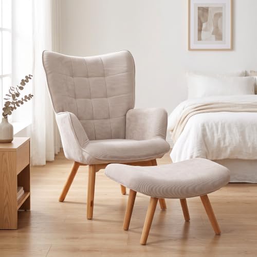 HOMCOM Ohrensessel mit Hocker Sessel mit Cordoptik für Wohnzimmer Beige