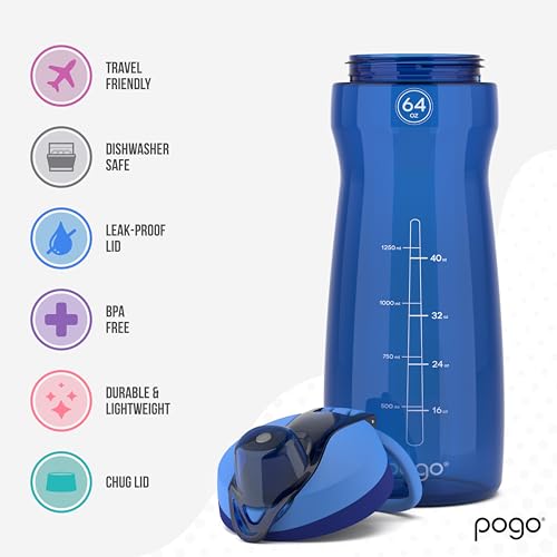 Image of Pogo 64oz Plastic Water Bottle with Leak-Proof Chug Lid and Carry Handle, Reusable, BPA Free, Capacity Markings, Dishwasher Safe, Perfect for Travel, School, Outdoors, and Gym, Blue