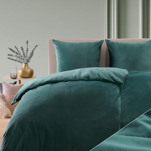 Blumtal Bettwäsche 135x200 cm Cashmere-Touch Plüsch 2er Set - Oeko-TEX Zertifiziert, Warm - 2X Kissenbezug 80x80 - Plüsch-Bettwäsche Petrol
