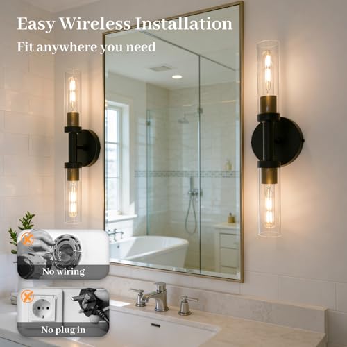 Image of Rechargeable Battery Operated Wall Sconce Set of 2, Dimmable Wall Light with Touch Control, Wireless Bathroom Vanity Lights Over Mirror, Modern Wall Lamp for Living Room Hallway, Black Gold