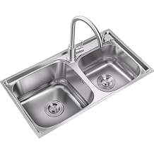 Top Mount Double Bowl Stainless Steel Kitchen Sink - Silver Kitchen Restaurants Bars Sinks Set with with Stainless Steel Faucet, Strainer Plug & Waste Pipe Kit,75x40cm